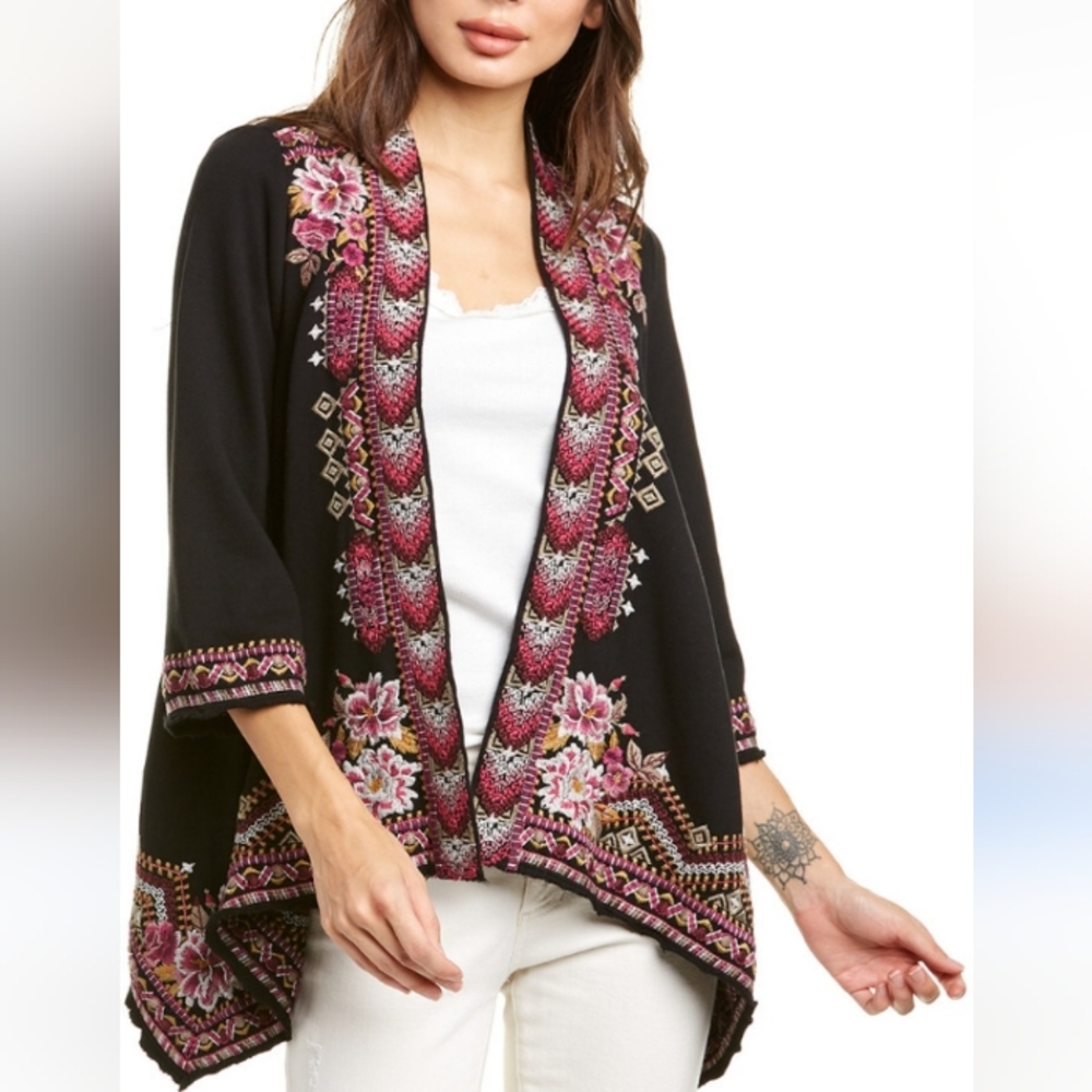 Johnny Was Valmere Knit Drape Floral Embroidery Cardigan Black XXL